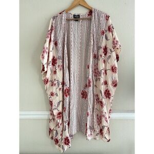 Angie Floral Kimono Duster Top Cover Up Pink Size L Boho Beach Summer Festival